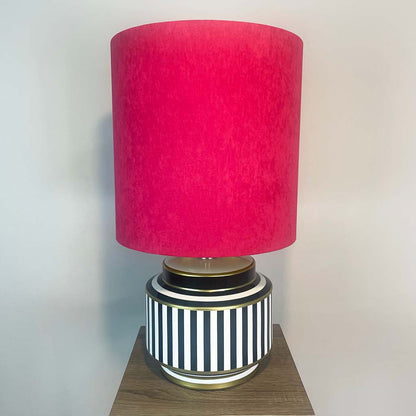 Humbug Black & White Stripe Small Ceramic Table Lamp with Tall Fuchsia Pink Recycled Fabric Shade