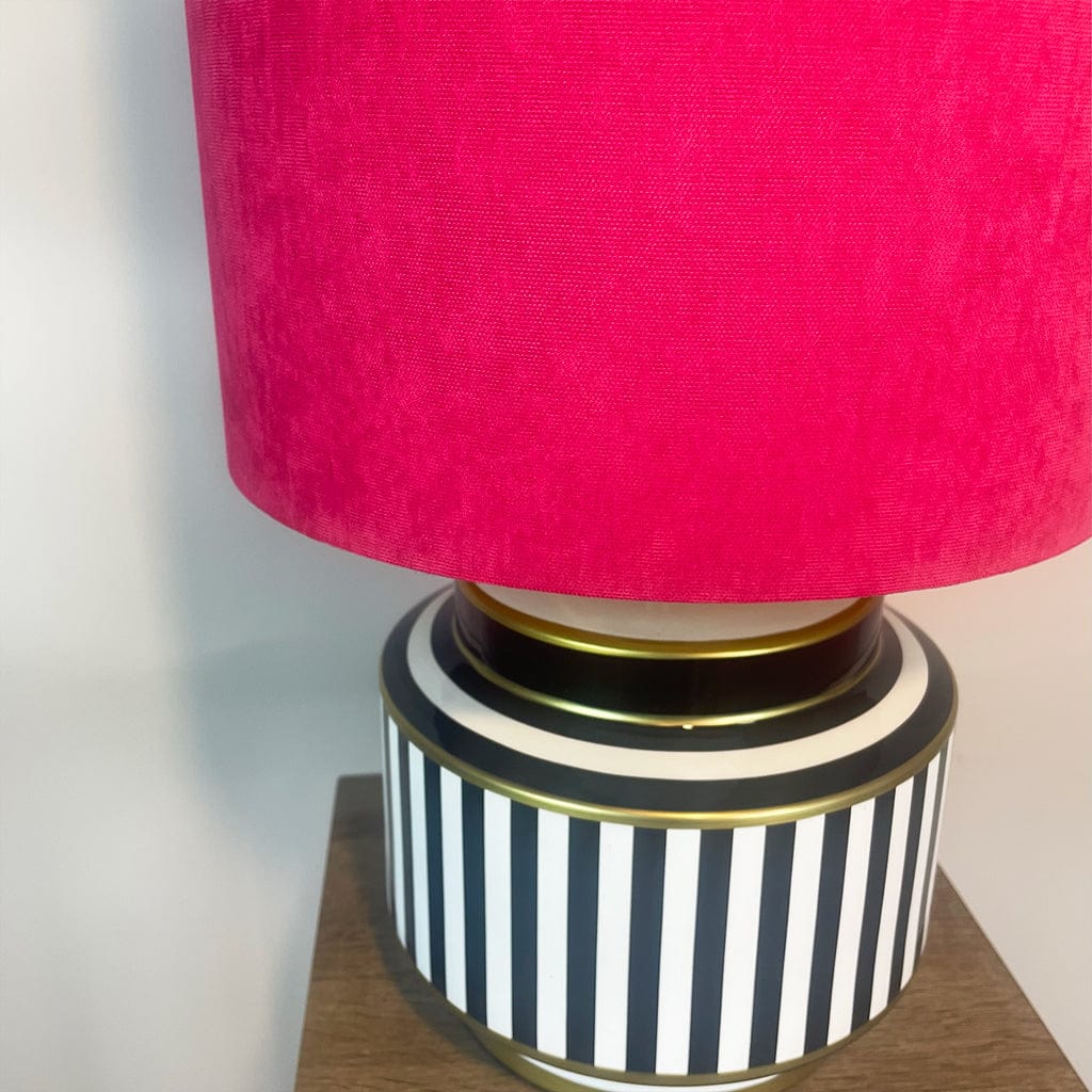 Humbug Black & White Stripe Small Ceramic Table Lamp with Tall Fuchsia Pink Recycled Fabric Shade