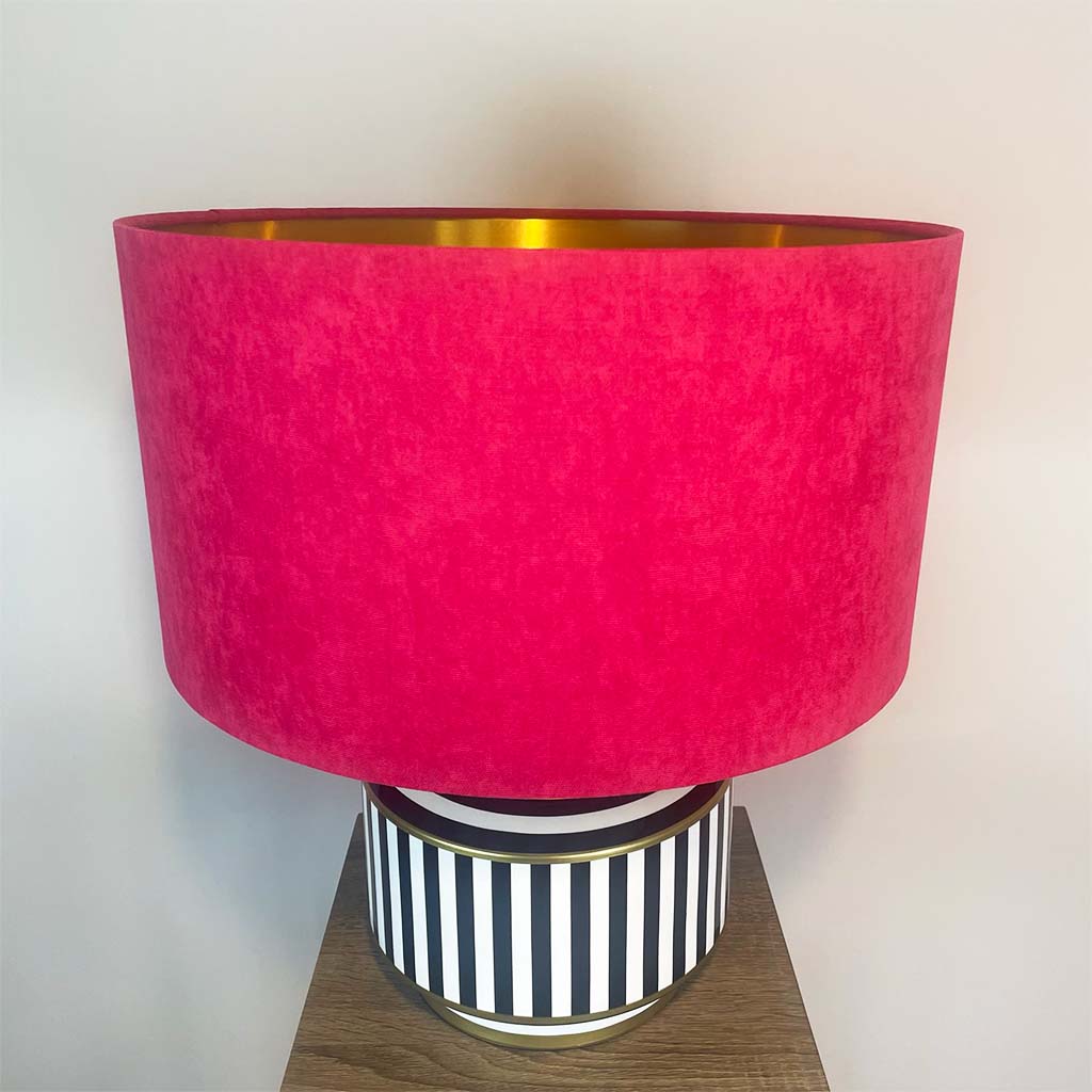 Humbug Black & White Stripe Small Ceramic Table Lamp with Fuchsia Pink Recycled Fabric Drum Shade