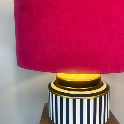 Humbug Black & White Stripe Small Ceramic Table Lamp with Fuchsia Pink Recycled Fabric Drum Shade