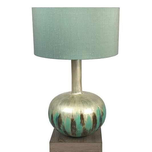 Kiri Enamel Azurite Finish Glass Table Lamp with Seafoam Shallow Drum Shade