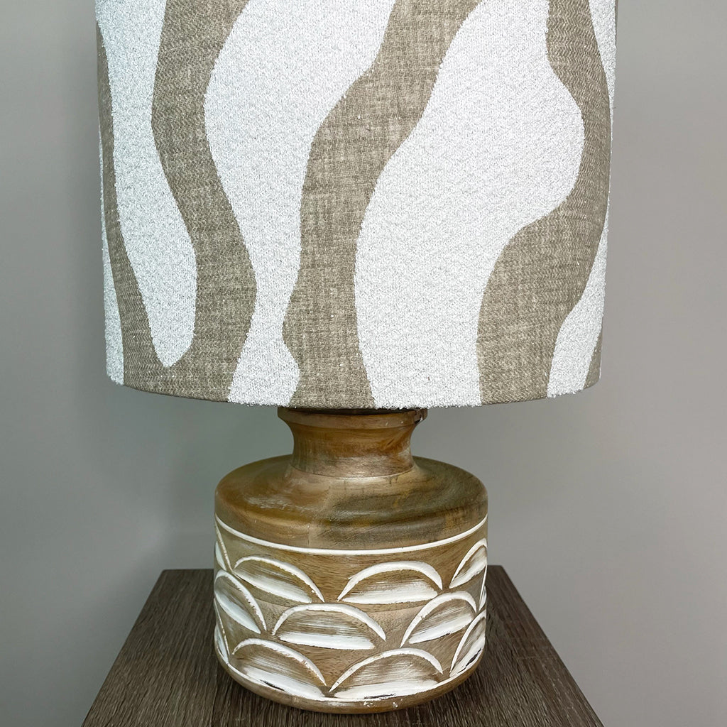 Kingsbury Small White Wash Carved Wood Table Lamp with Sigrid Birch Lampshade