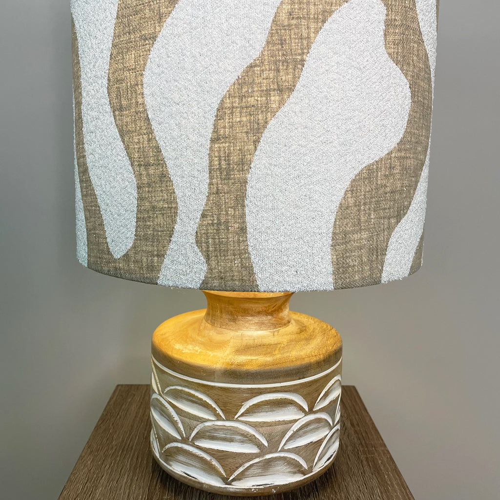 Kingsbury Small White Wash Carved Wood Table Lamp with Sigrid Birch Lampshade