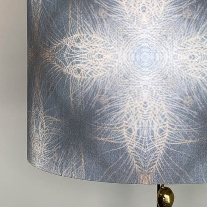 Lampshade in Julia Clare's Peacock Feather Linen in Warm Ash & Blue Shade with Champagne Lining