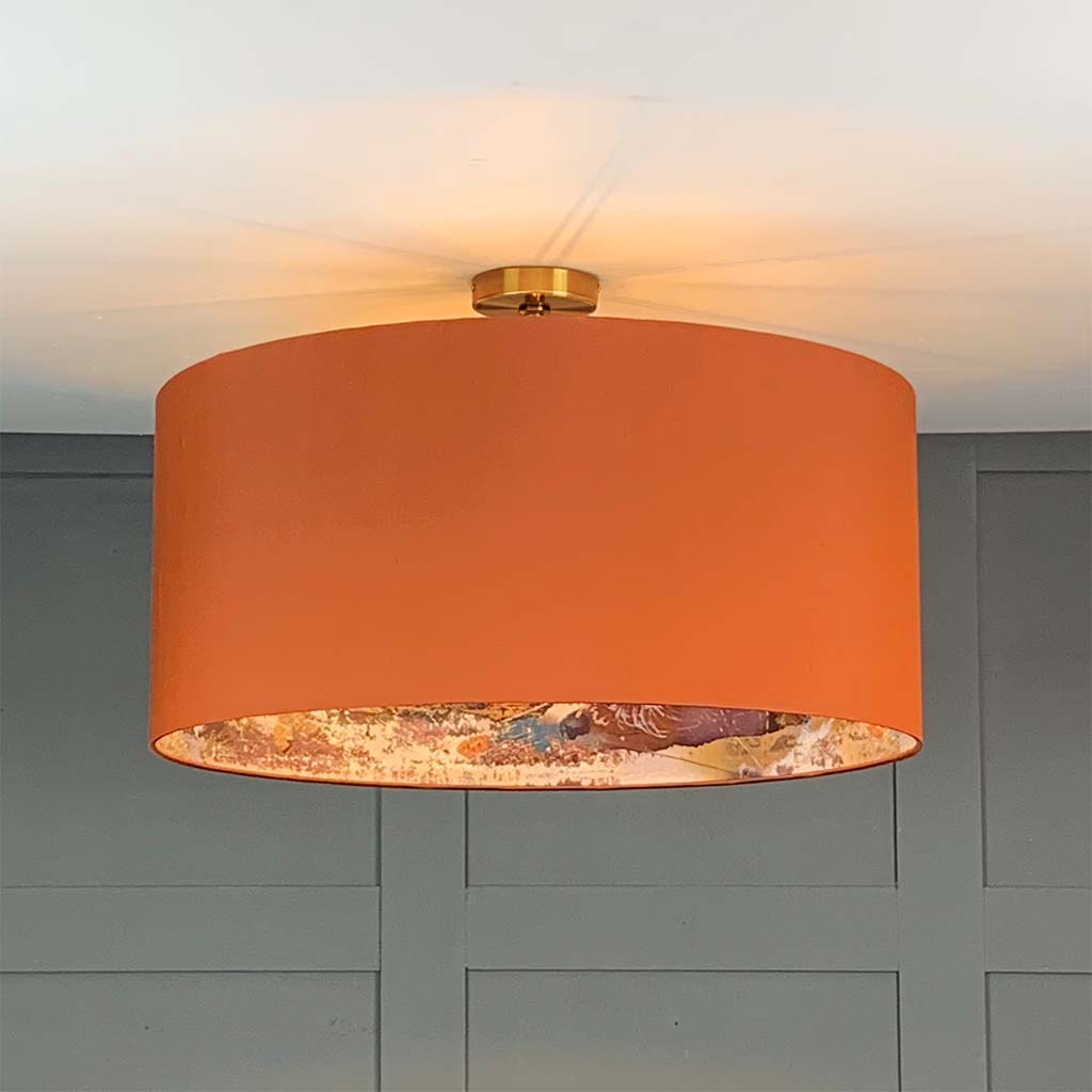 Electrified Burnt Orange Silk with Mairi Helena Mirrored Storm Linen Lining Lampshade