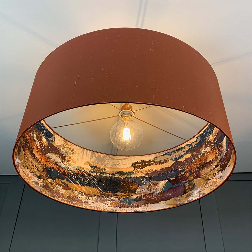 Electrified Burnt Orange Silk with Mairi Helena Mirrored Storm Linen Lining Lampshade