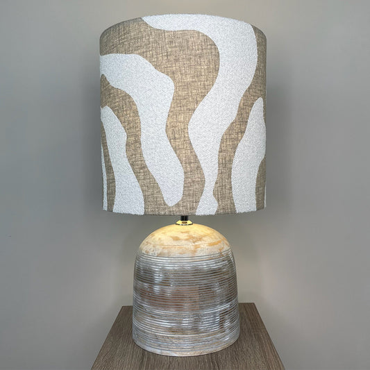 Nelu Warm Grey Wash Engraved Table Lamp with Sigrid Birch Lampshade