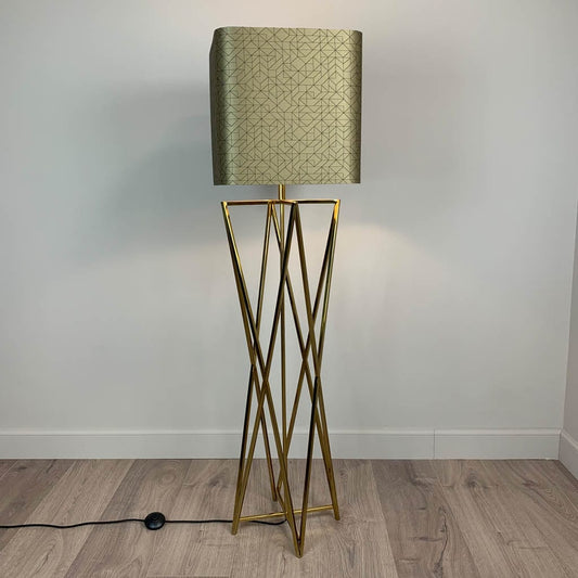 Renzo Gold Floor Lamp with Gold & Black Geo Rounded Square Shade