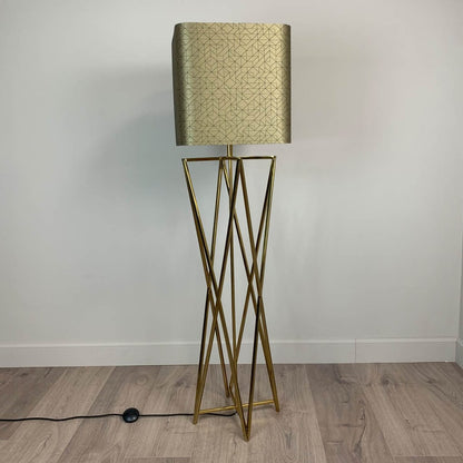 Renzo Gold Floor Lamp with Gold & Black Geo Rounded Square Shade