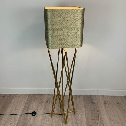 Renzo Gold Floor Lamp with Gold & Black Geo Rounded Square Shade