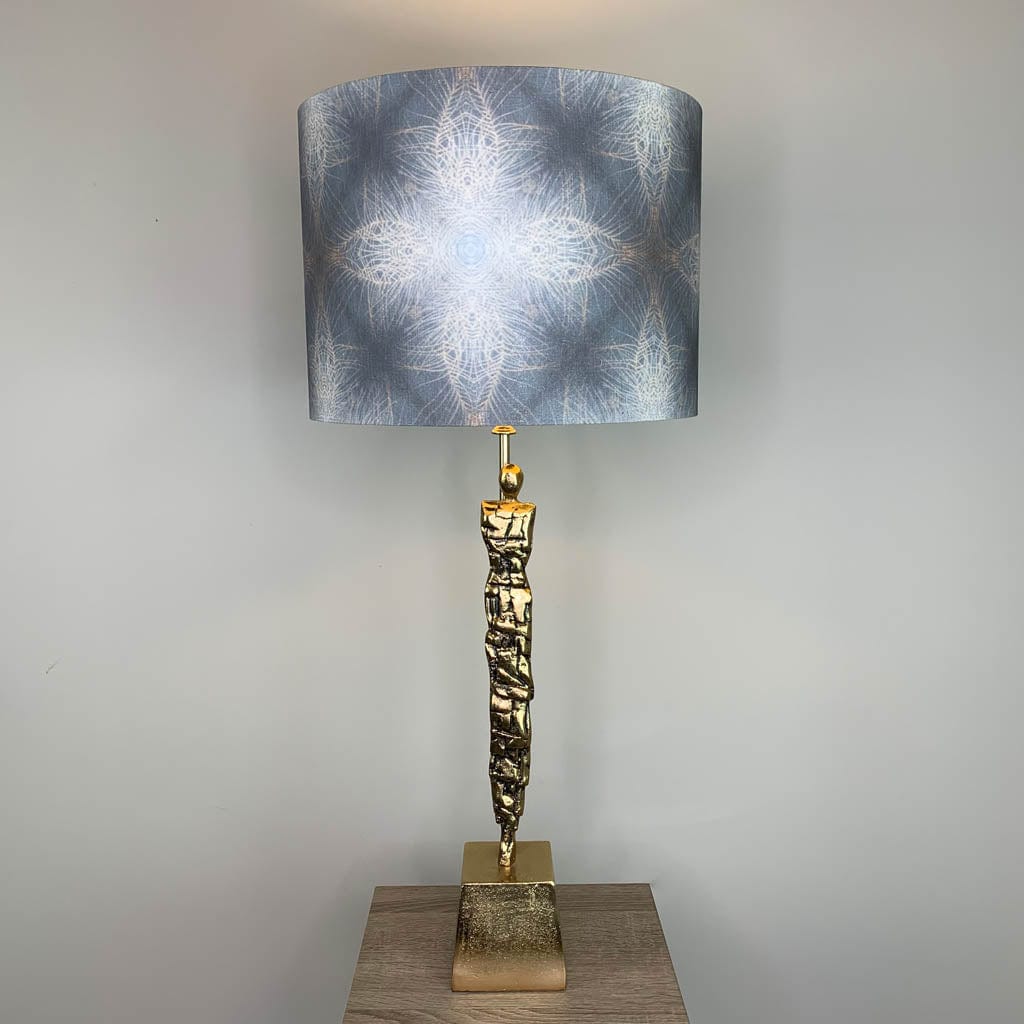 Shaman Antique Brass Table Lamp with Julia Clare's Peacock Feather Linen in Warm Ash & Blue Lampshade