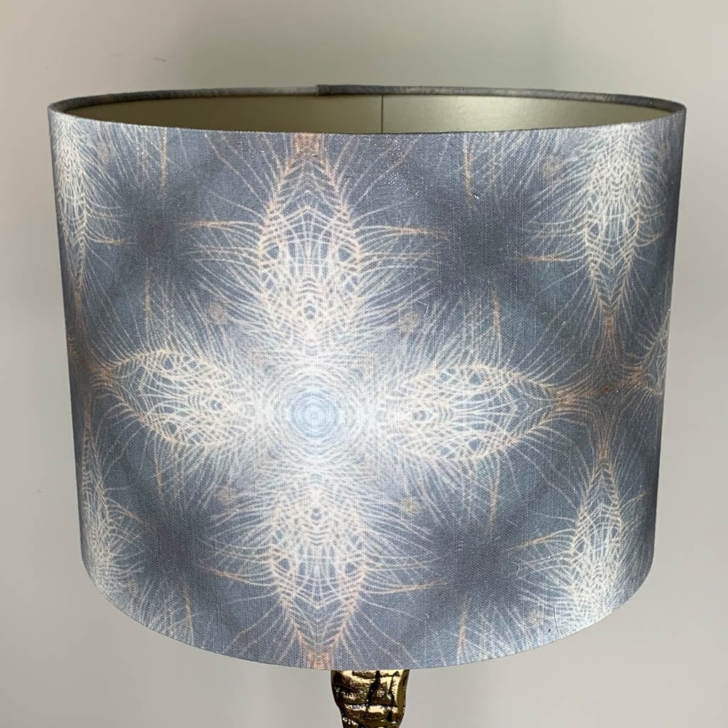 Shaman Antique Brass Table Lamp with Julia Clare's Peacock Feather Linen in Warm Ash & Blue Lampshade