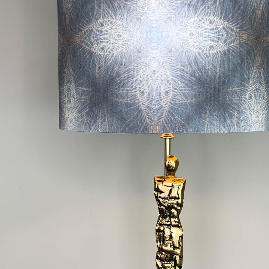 Shaman Antique Brass Table Lamp with Julia Clare's Peacock Feather Linen in Warm Ash & Blue Lampshade