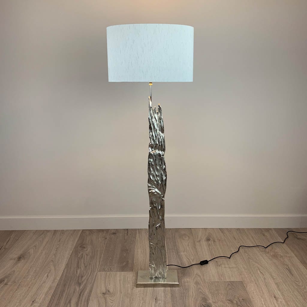 Trident Silver Floor Lamp with Astor Stockholm White Faux Silk Oval Shade