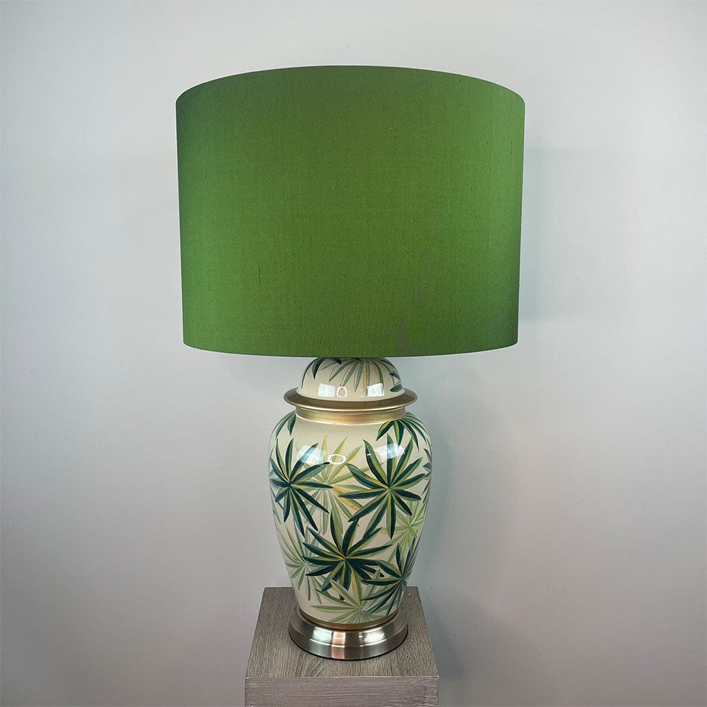 Urn Green Palm Leaf Table Lamp Base with Bottle Green Silk Shade