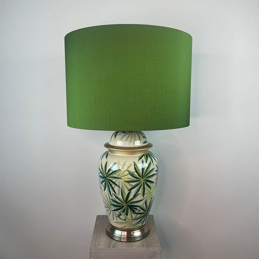 Urn Green Palm Leaf Table Lamp Base with Bottle Green Silk Shade