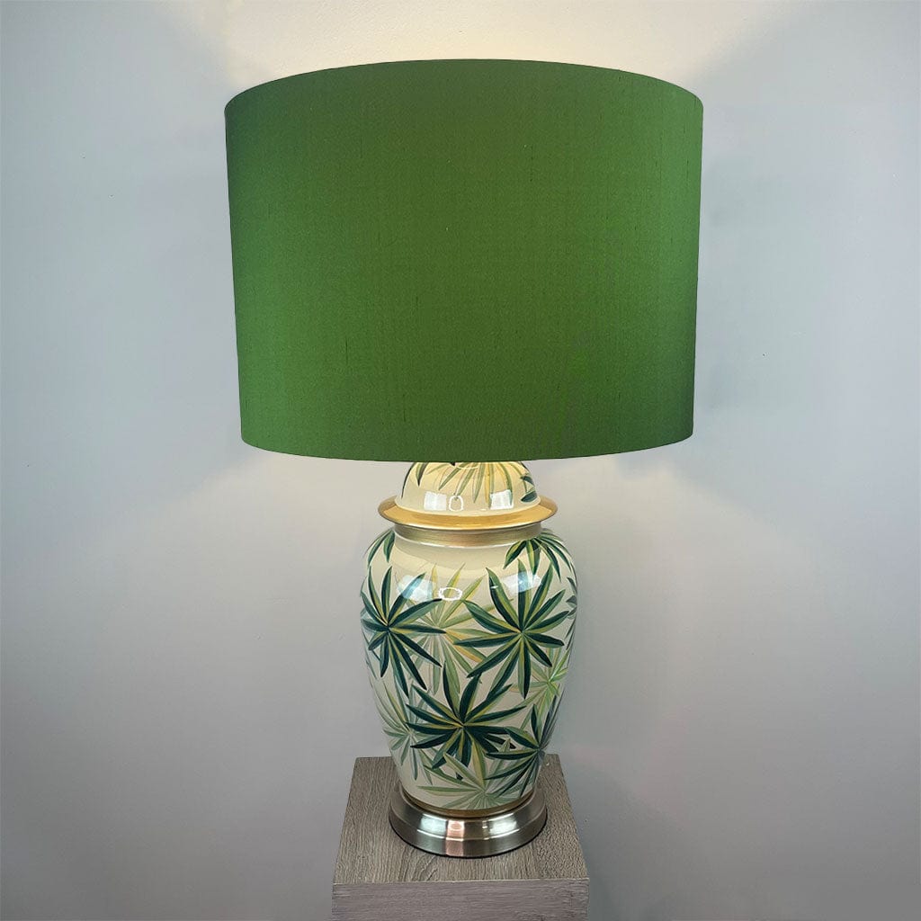 Urn Green Palm Leaf Table Lamp Base with Bottle Green Silk Shade