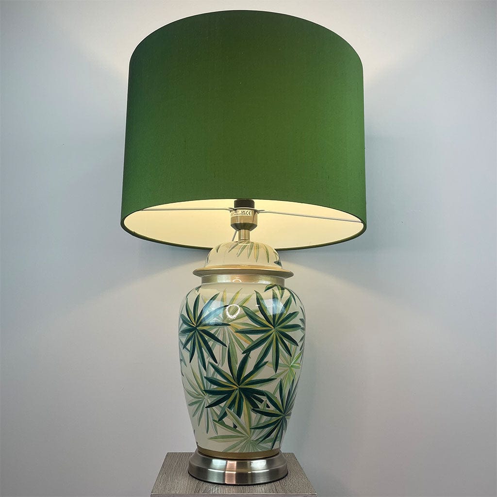 Urn Green Palm Leaf Table Lamp Base with Bottle Green Silk Shade