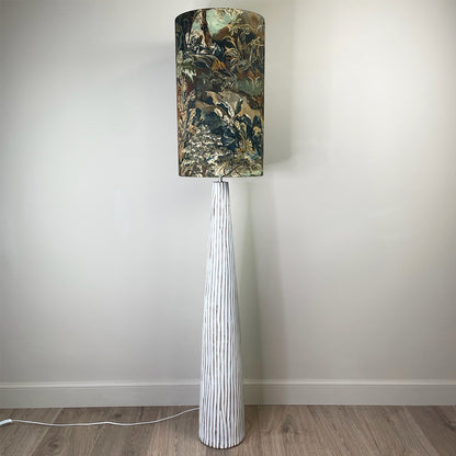 White Wood Effect Floor Lamp with Elysian Forest Cylinder Lampshade