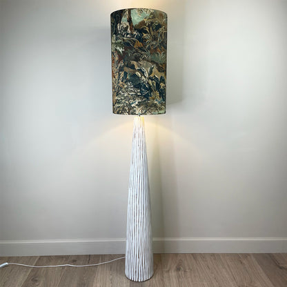 White Wood Effect Floor Lamp with Elysian Forest Cylinder Lampshade