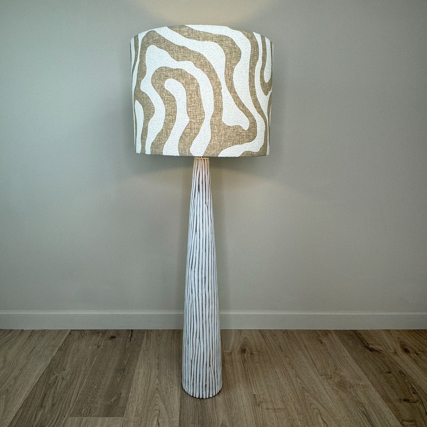 White Wood Effect Floor Lamp with Sigrid Birch Lampshade