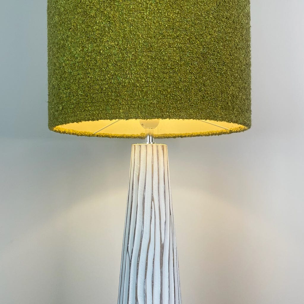 White Wood Effect Floor Lamp with Tall Citron Boucle Lampshade