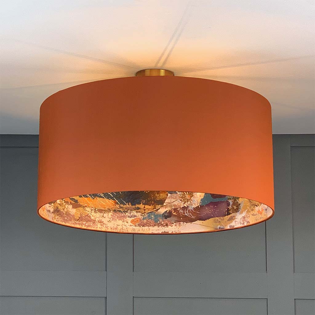 Electrified Burnt Orange Silk with Mairi Helena Mirrored Storm Linen Lining Lampshade