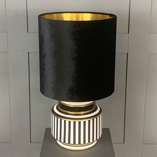 Humbug Black & White Stripe Small Ceramic Table Lamp with Black Velvet Shade