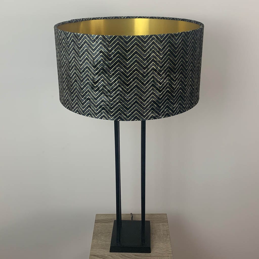 Matt Black Metal Four Post Table Lamp with Black & Gold Chevron Shade