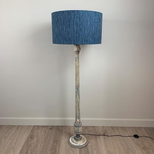 Grey & White Wash Mango Wood Floor Lamp with Logan Blue Denim Lampshade