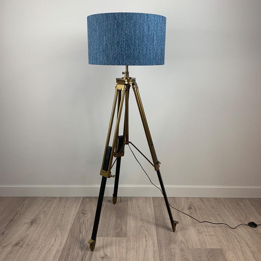 Antique Brass & Dark Wood Tripod Floor Lamp with Logan Blue Denim Lampshade