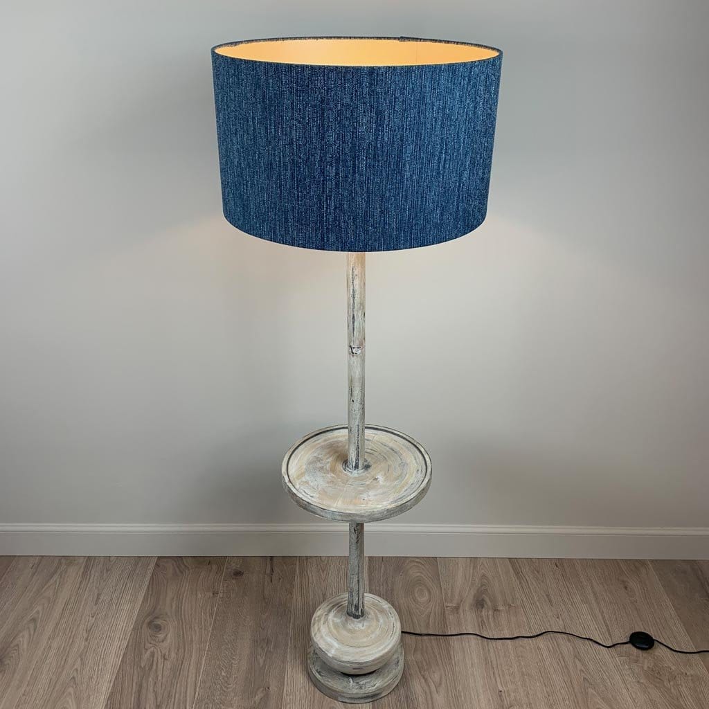 Hemi Vintage Grey Wood Floor Lamp with Logan Blue Denim Lampshade