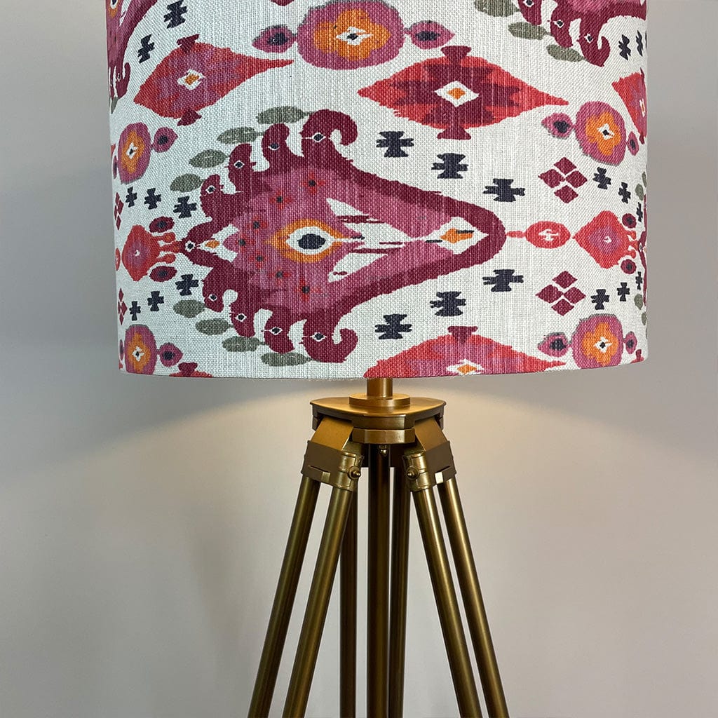 Antique Brass and Dark Wood Tripod Floor Lamp with Boho Linen Fabric Lampshade