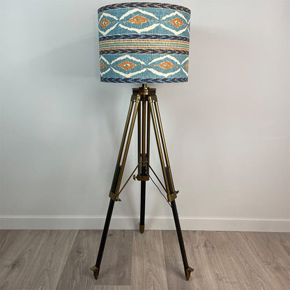 Antique Brass and Dark Wood Tripod Floor Lamp with Santana Linen Fabric Lampshade