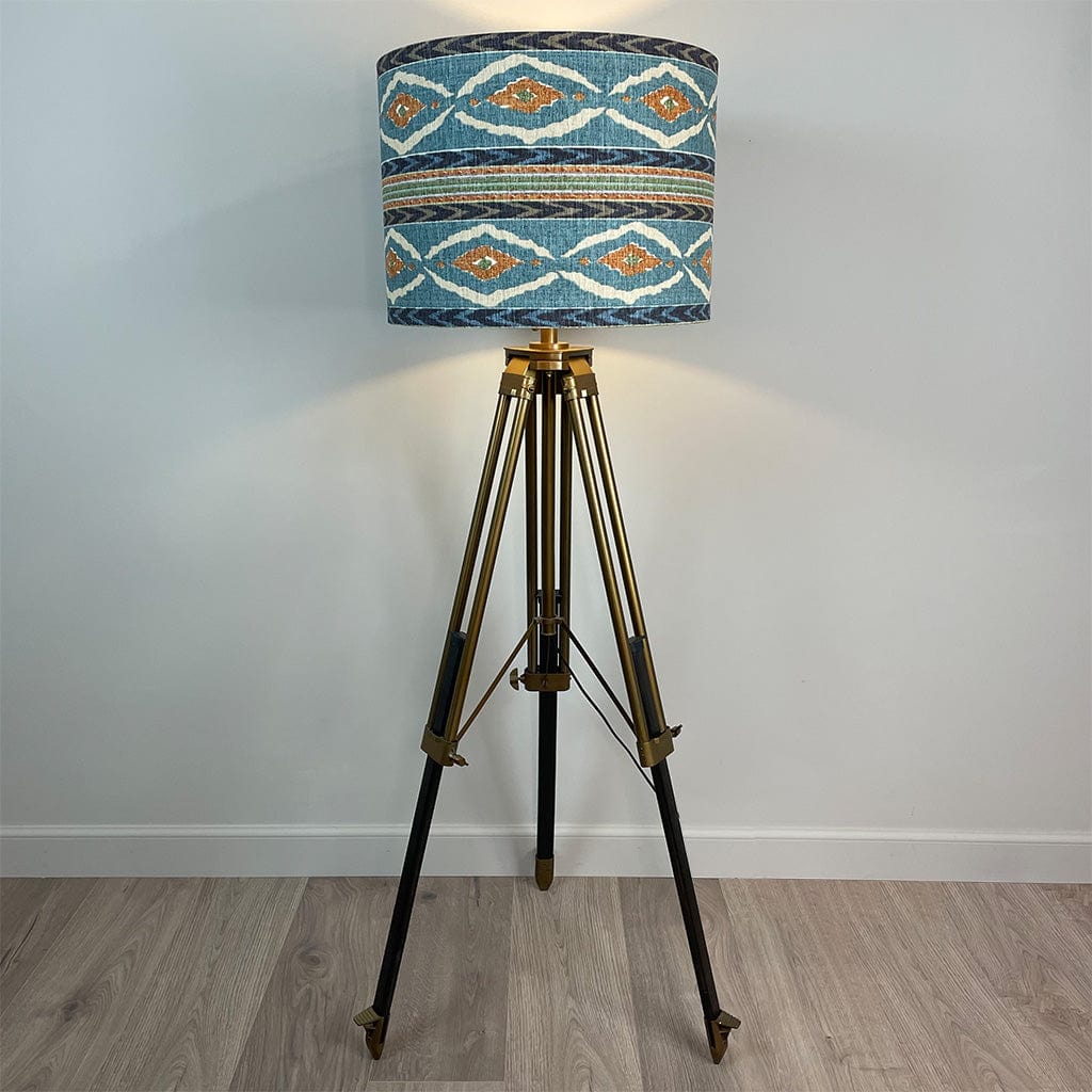 Antique Brass and Dark Wood Tripod Floor Lamp with Santana Linen Fabric Lampshade