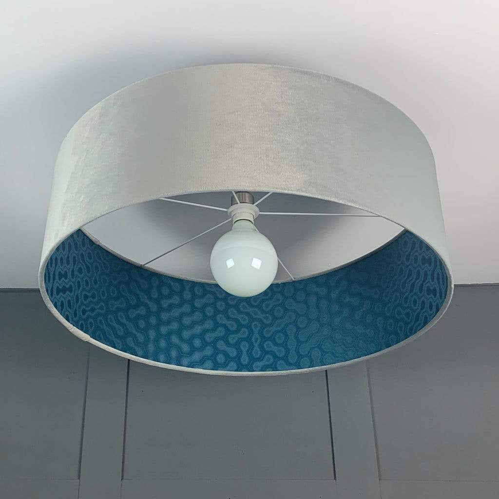Electrified Platinum Velvet Shade with Hooked on Walls Modern Eccentrics Blue Wallpaper Lining