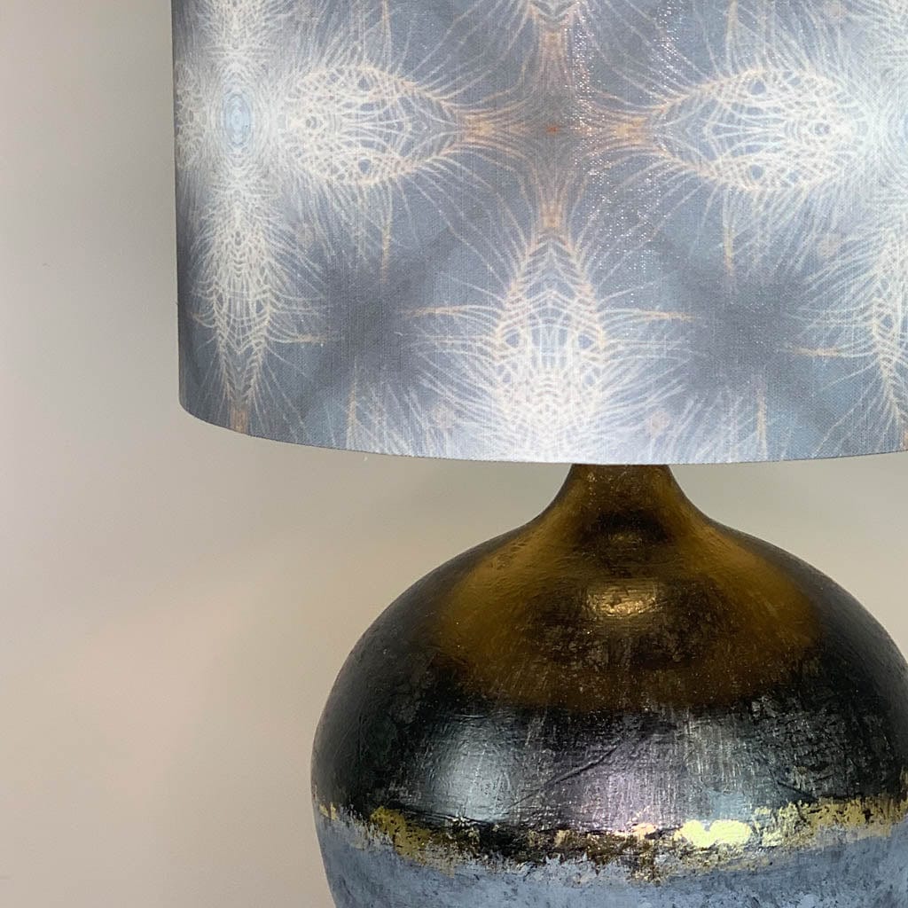 Dusk Loma Table Lamp with Julia Clare's Peacock Feather Linen in Warm Ash & Blue Lampshade
