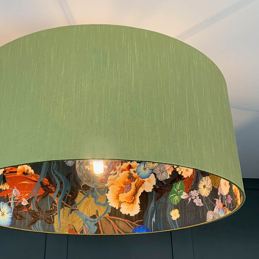 Electrified Astor Green Pesto Faux Silk with Arte Koi Wallpaper Lining Lampshade