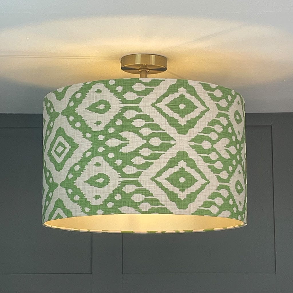 Electrified Marrakech Emerald Ikat Fabric Drum Shade with Champagne Lining