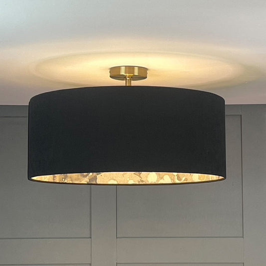 Electrified Noir Velvet Lampshade with Laverne Grey Fabric Lining
