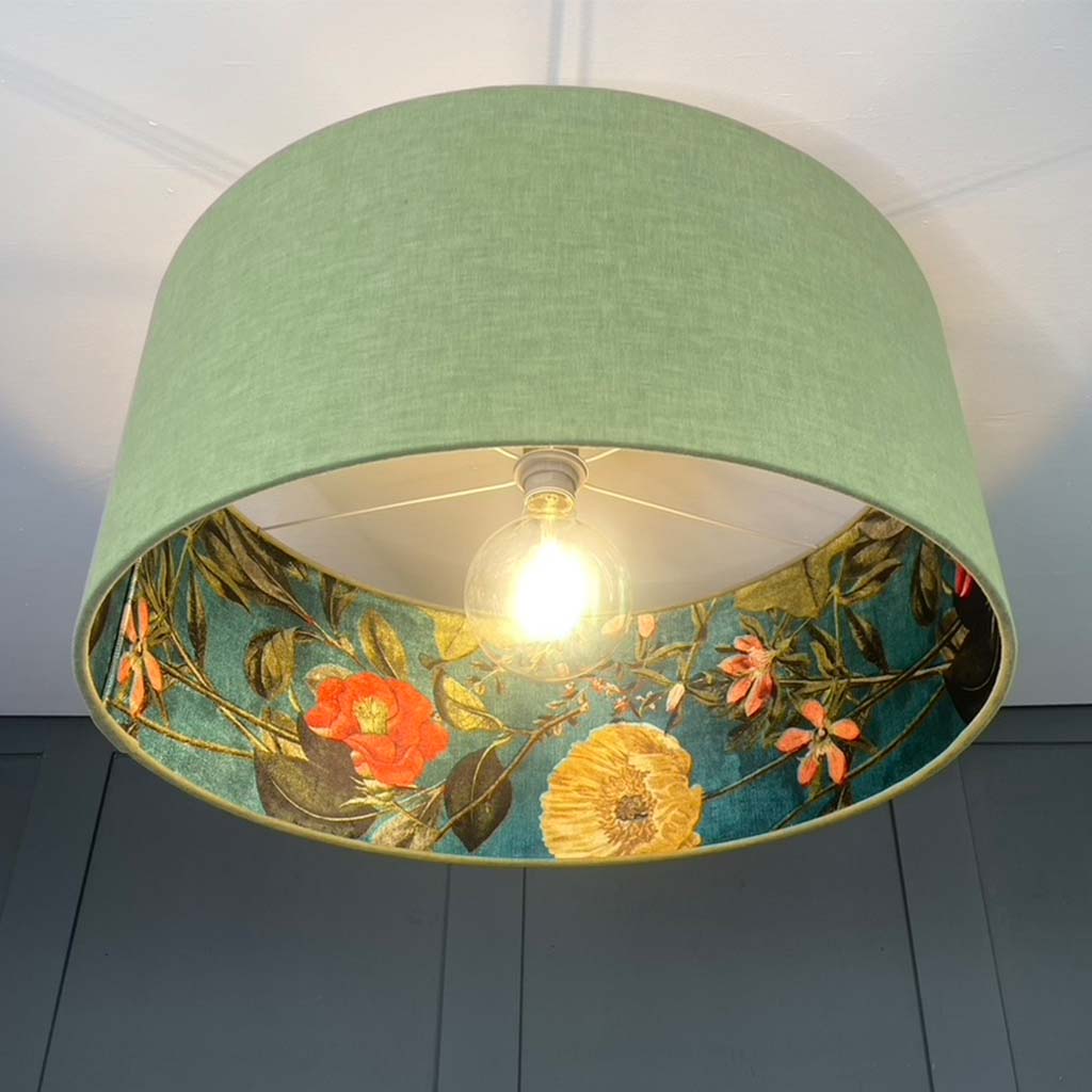 Electrified Passiflora Kingfisher Fabric Lined Lampshade with Meadow Green Outer