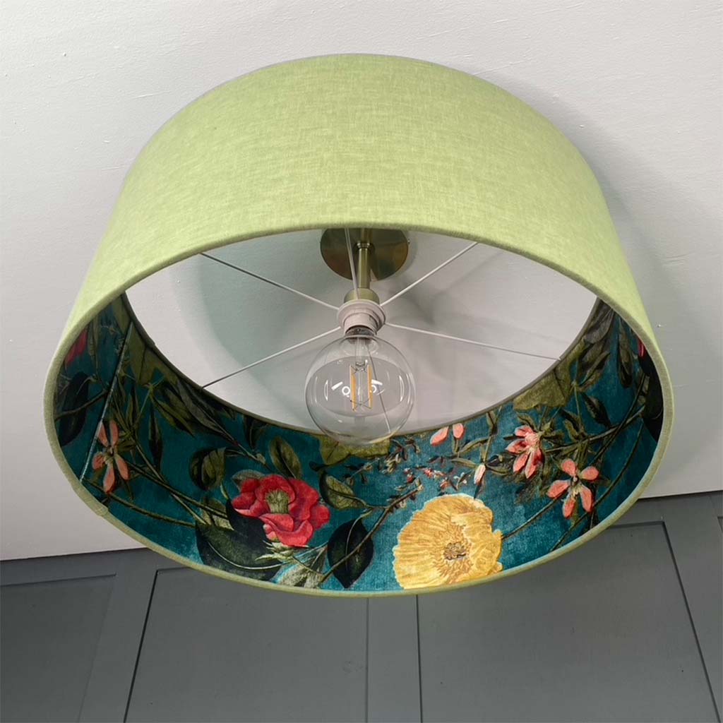 Electrified Passiflora Kingfisher Fabric Lined Lampshade with Meadow Green Outer