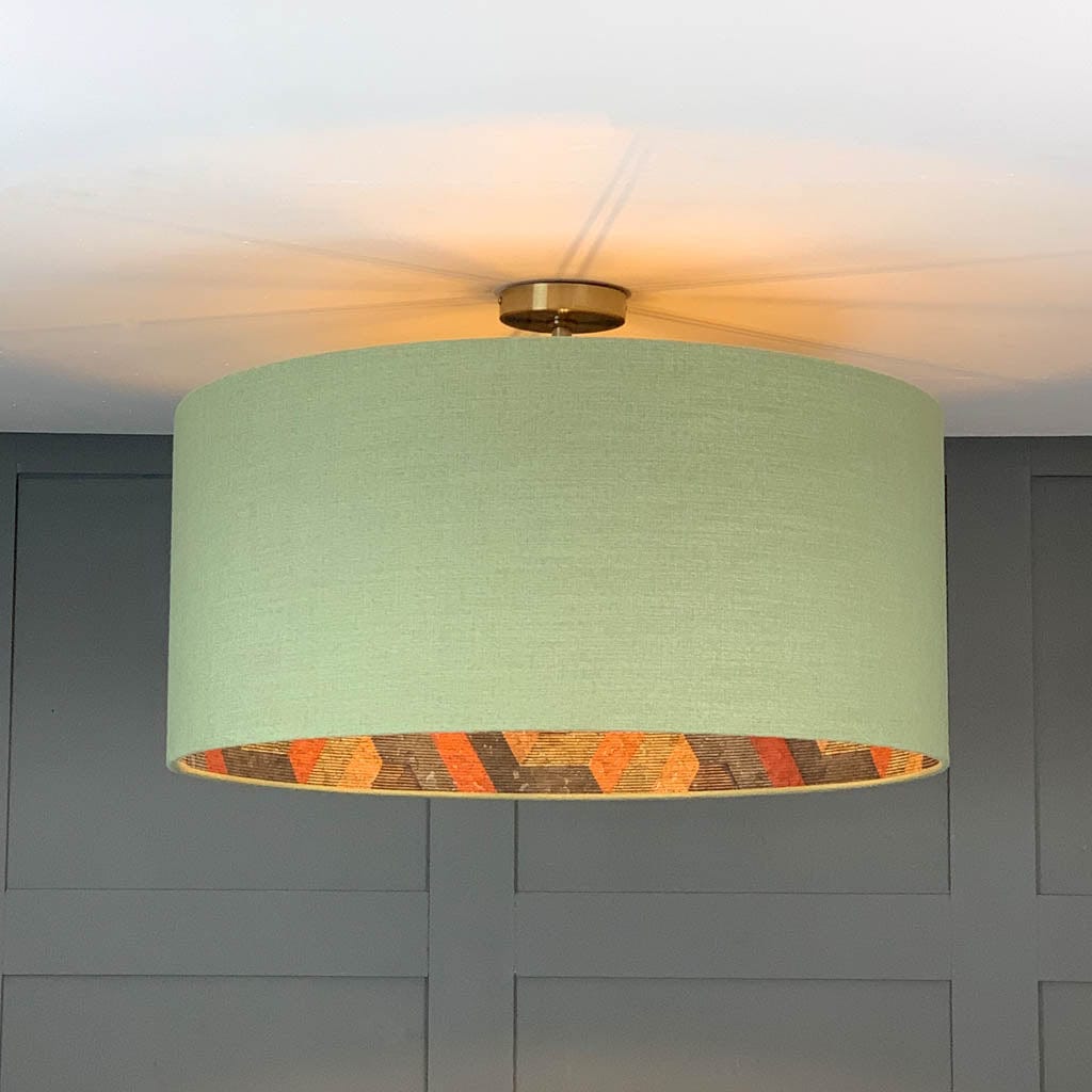 Electrified Saxon Glade Green Linen with Anthology Escheresque Copper/Slate Cork Wallpaper Lining Lampshade