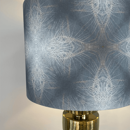 Elon Gold Table Lamp with Julia Clare Peacock Feather Linen in Warm Ash Blue