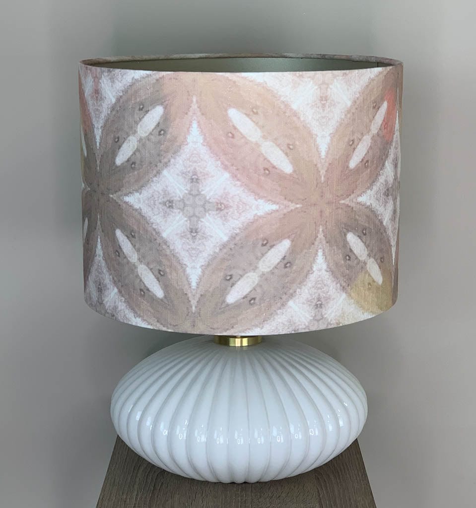 Emilia White Ribbed Glass & Gold Oval Table Lamp with Julia Clare's Ancient Tracery 2 Linen in Coral Shade