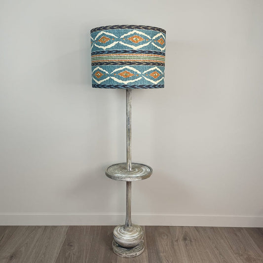 Hemi Vintage Grey Wood Floor Lamp with Ikat Shade