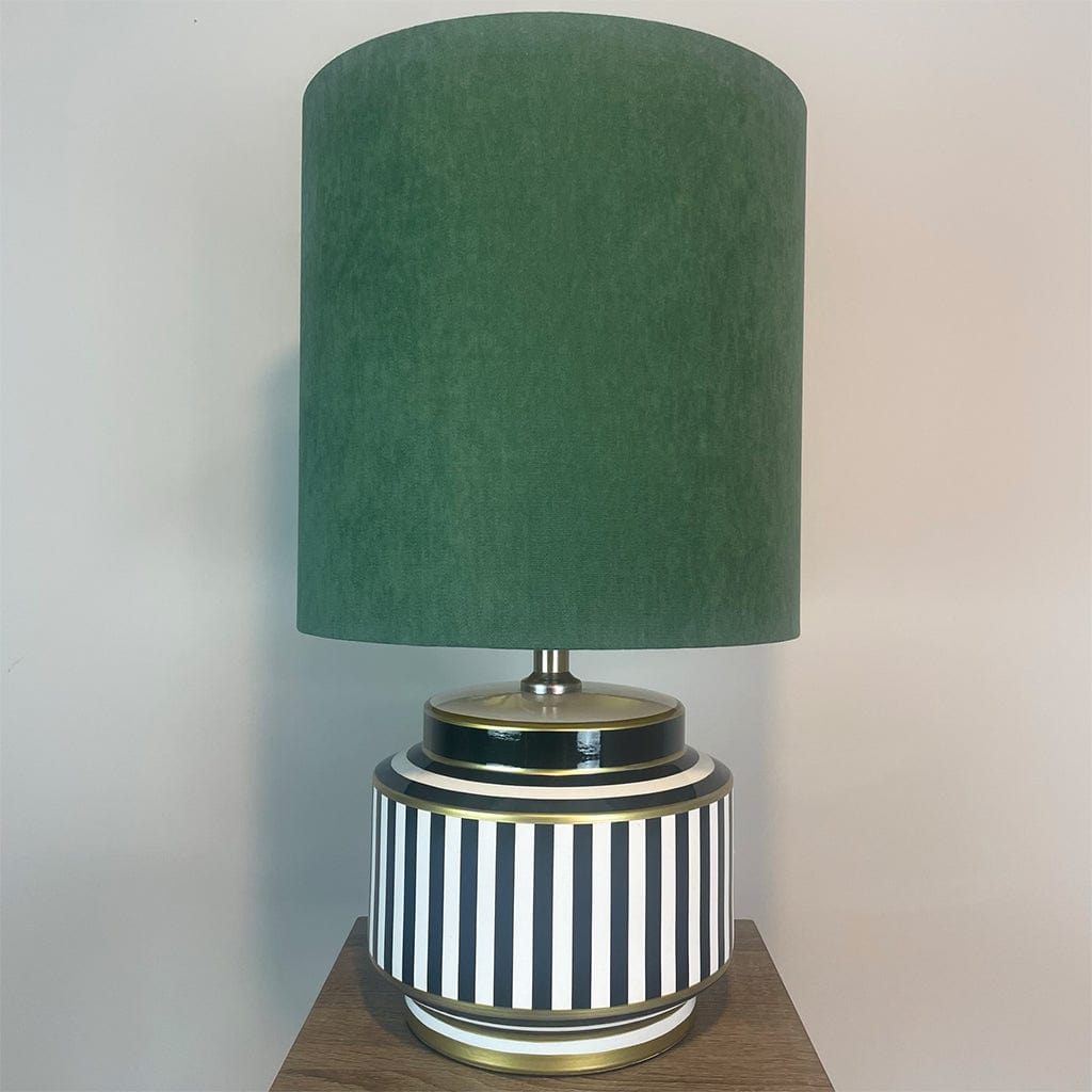 Humbug Black & White Stripe Small Ceramic Table Lamp with Tall Emerald Green Recycled Fabric Shade