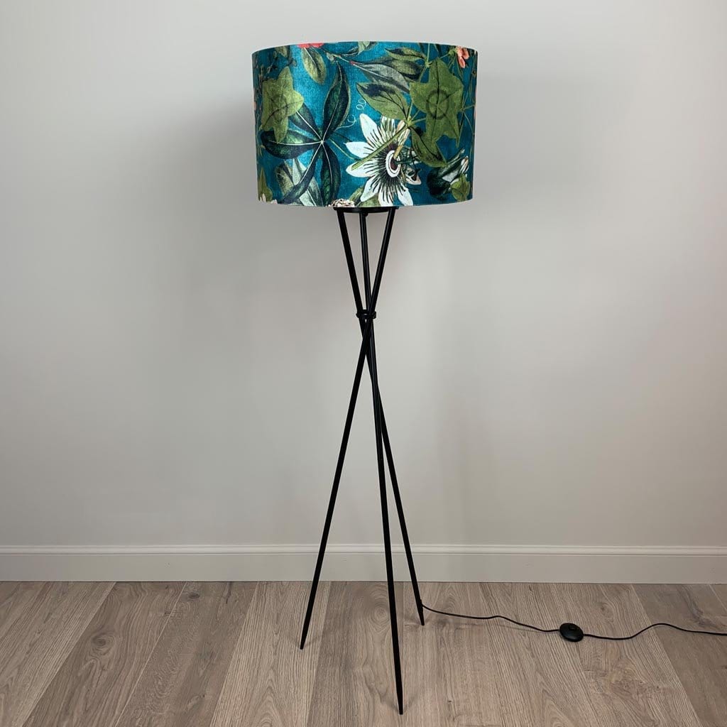 Black Brondby Tripod Floor Lamp with Passiflora Kingfisher Shade