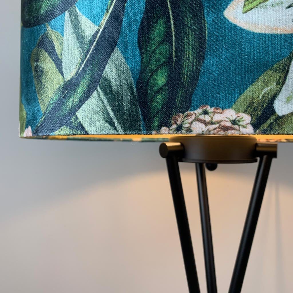 Black Brondby Tripod Floor Lamp with Passiflora Kingfisher Shade