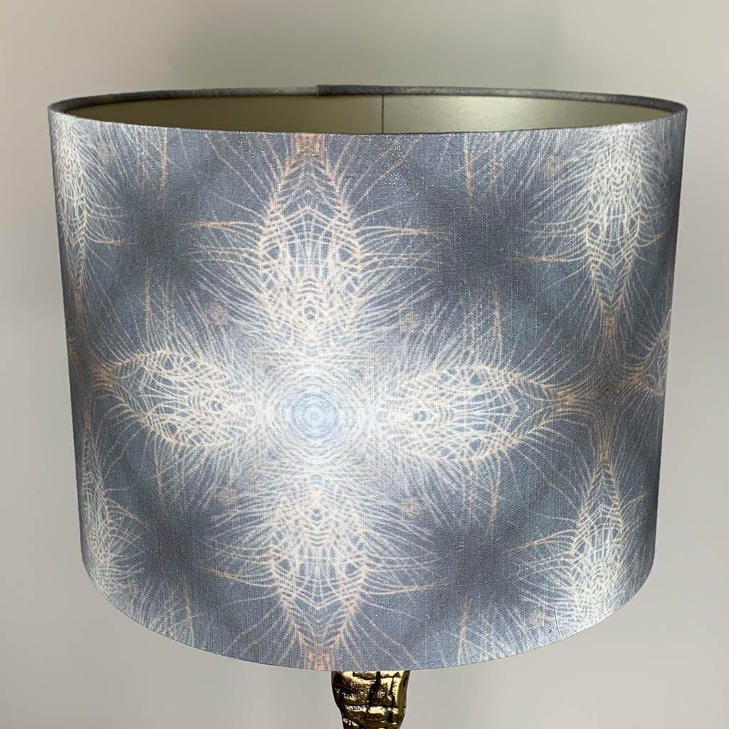 Lampshade in Julia Clare's Peacock Feather Linen in Warm Ash & Blue Shade with Champagne Lining